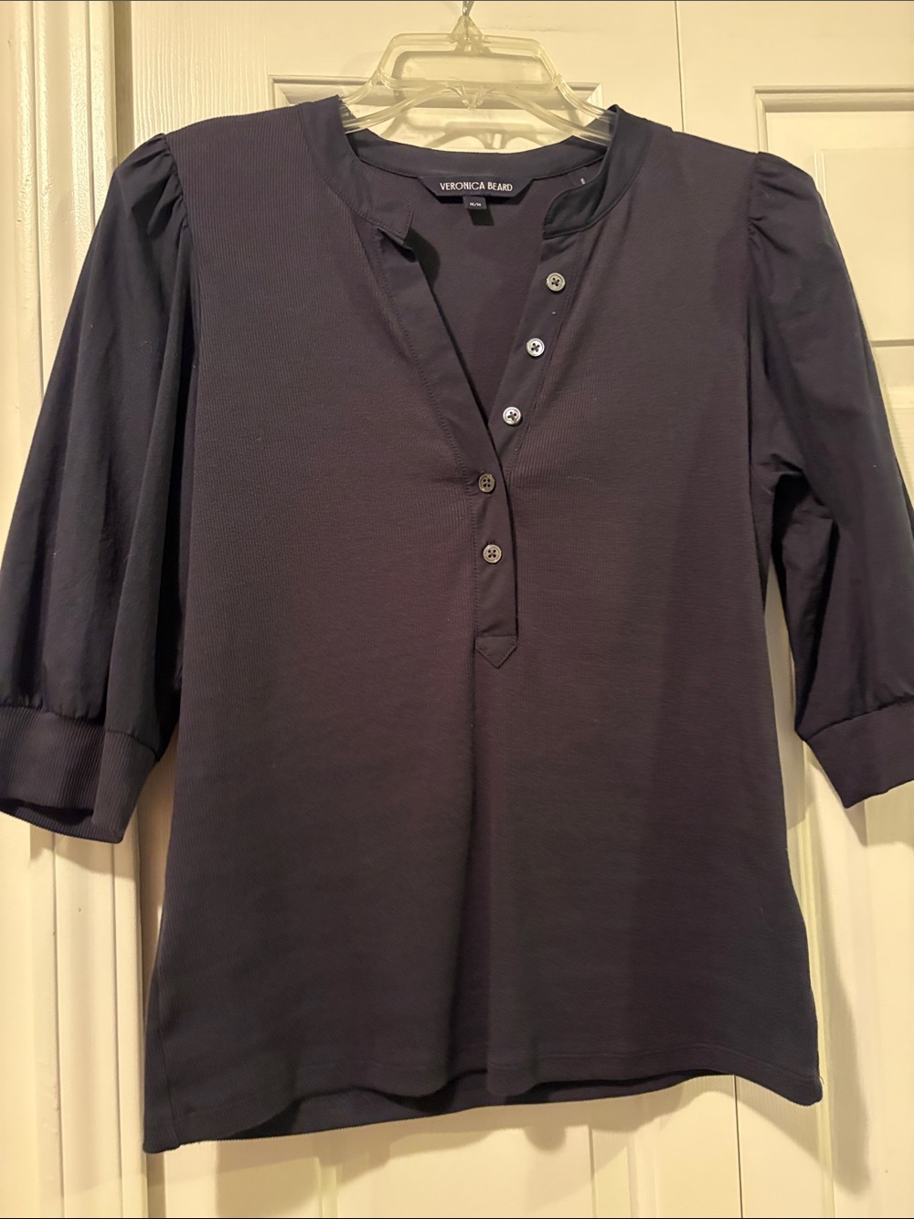 Veronica Beard Navy Three-Quarter Sleeve Button-Front Top